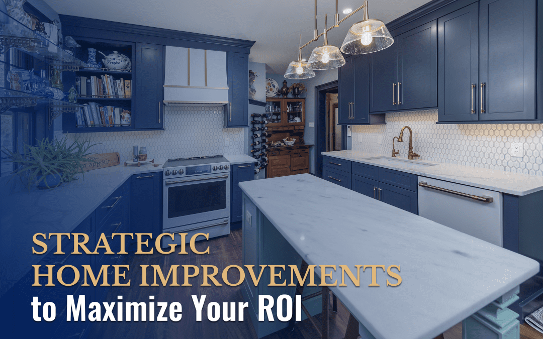 Modern kitchen with navy blue cabinets, white marble countertops, and gold hardware, featuring stylish pendant lights and a range of appliances.