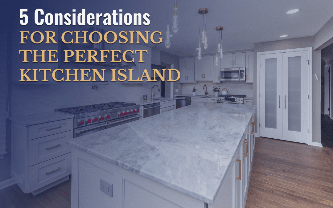 Modern kitchen with a large marble island, white cabinetry, stainless steel appliances, and elegant pendant lighting.