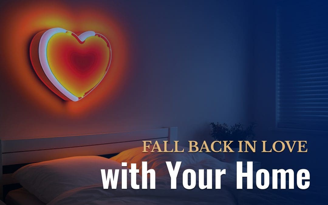 A cozy bedroom with a glowing heart-shaped neon light on the wall, symbolizing warmth, comfort, and falling back in love with your home.