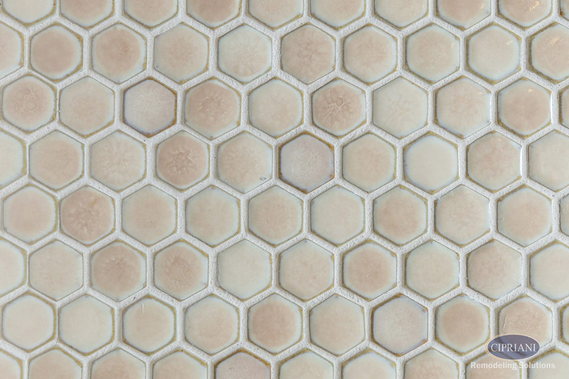 Close-up of honeycomb tile in shower niche