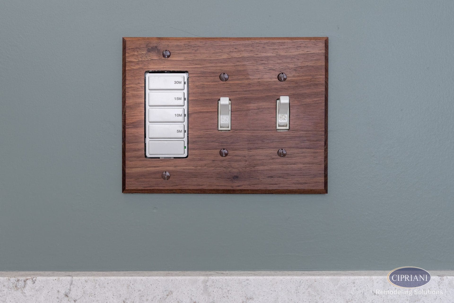 Close-up of custom wood light switch plate with timer and toggle switches