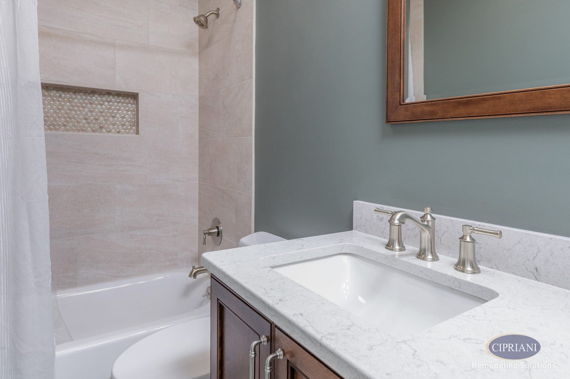 Close-up of bathroom vanity and shower in a Cinnaminson bathroom remodel
