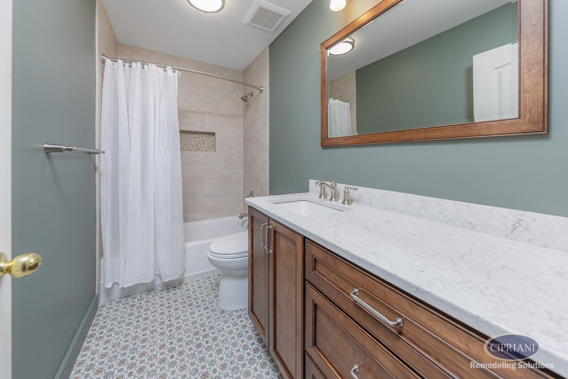 Double sink vanity and full-length mirror in Cinnaminson bathroom remodel