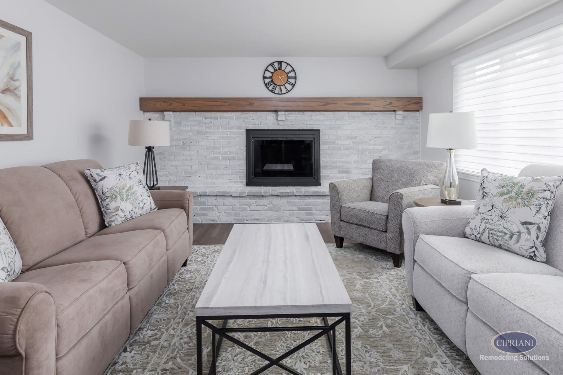 Refreshed Living Room with Whitewashed Fireplace | Cipriani Remodeling Solutions Cozy living room with fireplace – A modernized living room features a whitewashed brick fireplace, soft neutral furniture, and layered textures for a comfortable, updated look.