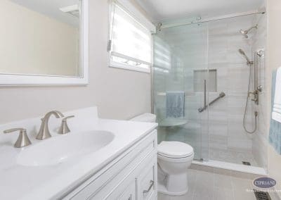 Compact Bathroom with Walk-In Shower – A sleek, space-saving bathroom featuring a white vanity, modern fixtures, and a glass-enclosed shower with brushed nickel hardware.