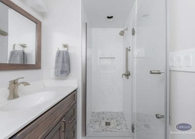 Sleek Walk-In Shower with Built-In Niche – A compact bathroom featuring a marble-look tiled shower, built-in niche, and brushed nickel finishes.