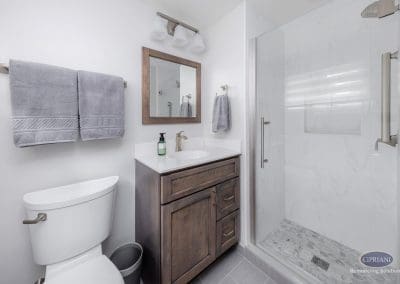 Compact Bathroom with Walk-In Shower – A stylish bathroom featuring a glass walk-in shower, warm wood vanity, and soft gray towel accents.