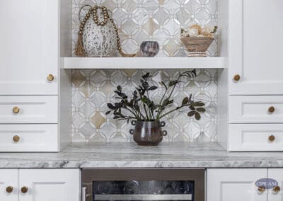 Decorative Open Shelving with Geometric Tile Backsplash: Styled kitchen display shelf with decorative pottery, greenery, and circular-pattern tile creating a refined focal feature.