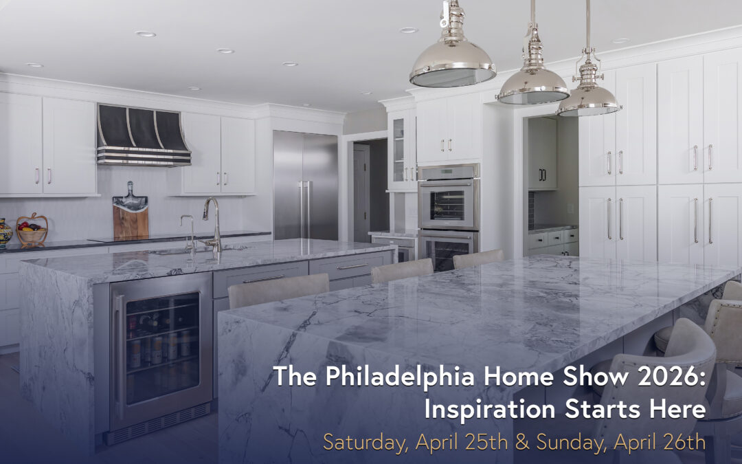Bright white kitchen with marble waterfall island, stainless appliances, and pendant lighting featured for Cipriani Remodeling Solutions at the Philadelphia Home Show