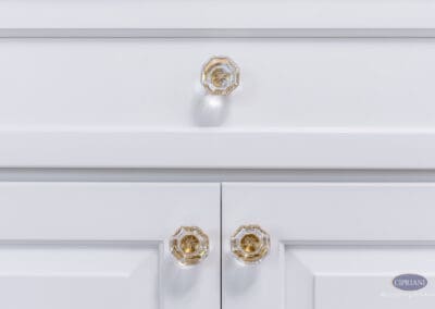 Crystal cabinet knobs on custom white vanity cabinetry in Mullica Hill bathroom remodel