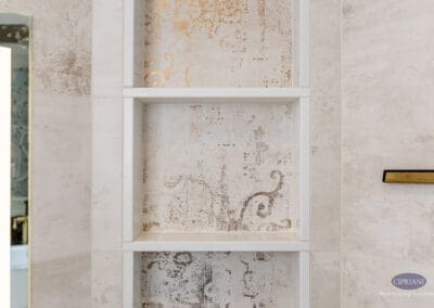 Custom shower niche with decorative tile detail in Mullica Hill bathroom remodel