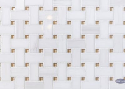 White basketweave floor tile with gold accents in Mullica Hill bathroom remodel