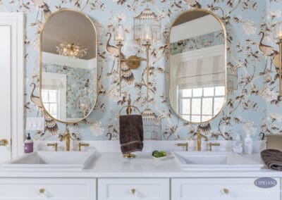 Double vanity with brass fixtures and blue bird wallpaper in Mullica Hill bathroom remodel