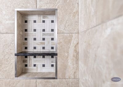 Shower niche with mosaic accent tile in Wenonah NJ bathroom remodel
