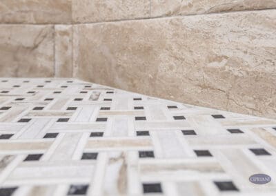Mosaic shower bench tile detail in Wenonah NJ bathroom remodel