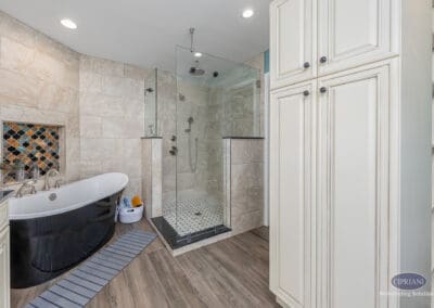 Glass walk-in shower and freestanding soaking tub in Wenonah NJ bathroom remodel