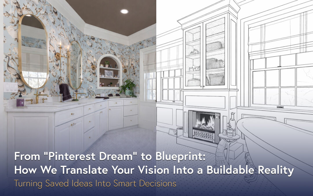 Split screen blog feature image showing a finished luxury bathroom on one side and a black and white blueprint style rendering on the other, illustrating how remodeling ideas are translated into a buildable plan.